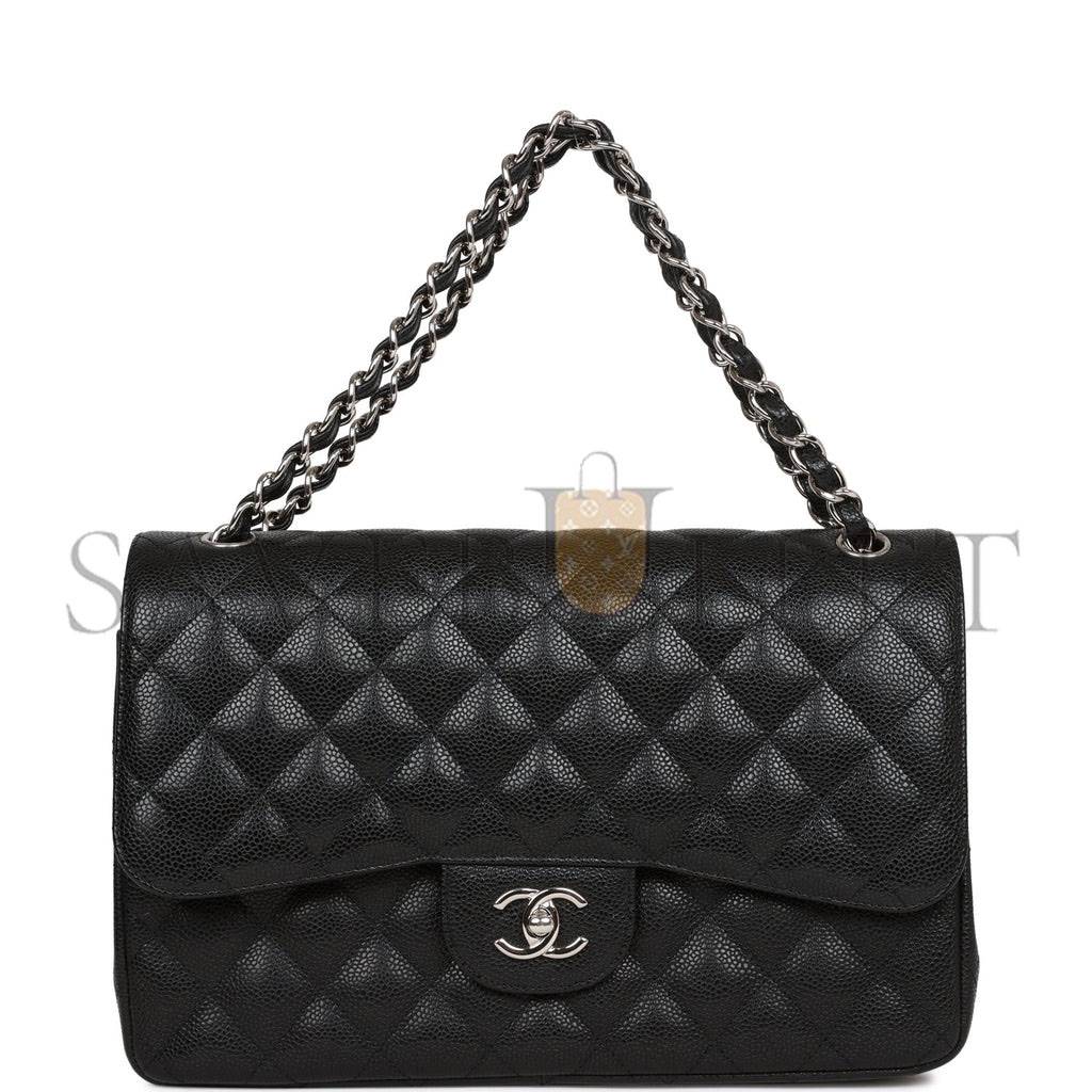 CHANEL JUMBO CLASSIC DOUBLE FLAP BAG BLACK CAVIAR SILVER HARDWARE (30*20*9cm)