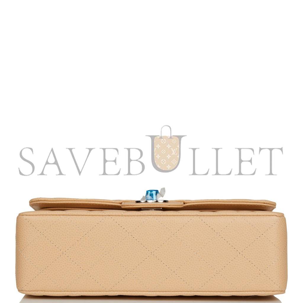 CHANEL SMALL CLASSIC DOUBLE FLAP BAG BEIGE CAVIAR SILVER HARDWARE (23*13*6cm)