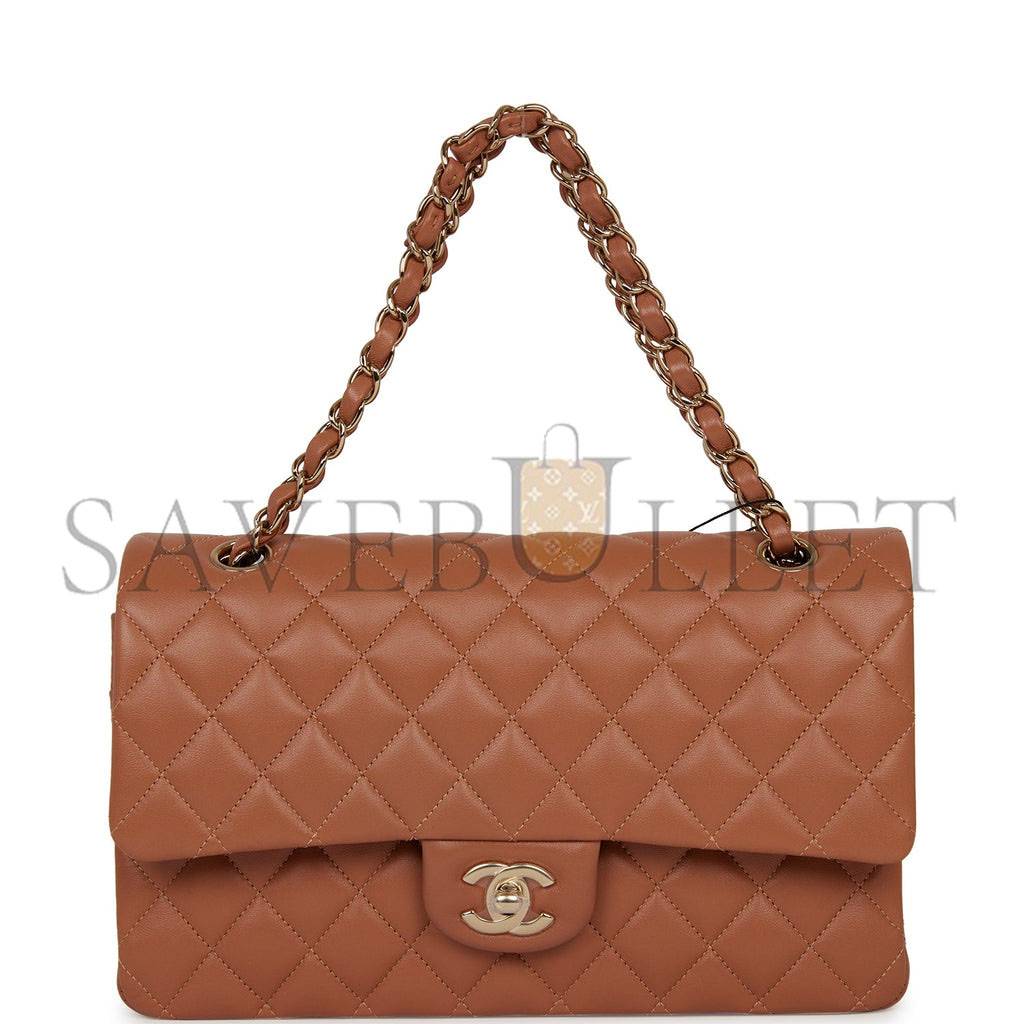 CHANEL MEDIUM CLASSIC DOUBLE FLAP BAG CARAMEL LAMBSKIN LIGHT GOLD HARDWARE (25*15*7cm)