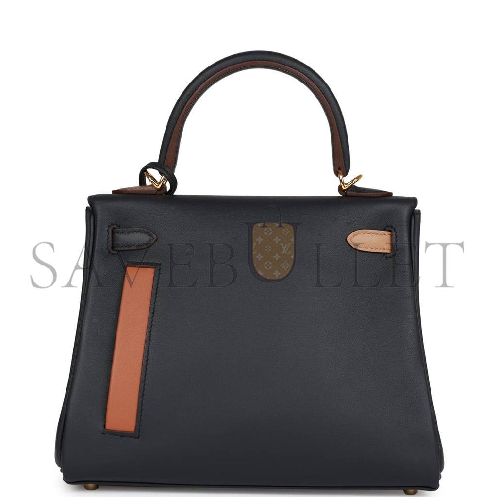 HERMES COLORMATIC KELLY RETOURNE 25 CABAN, BLACK AND CHAI SWIFT GOLD HARDWARE HANDMADE (25cm)