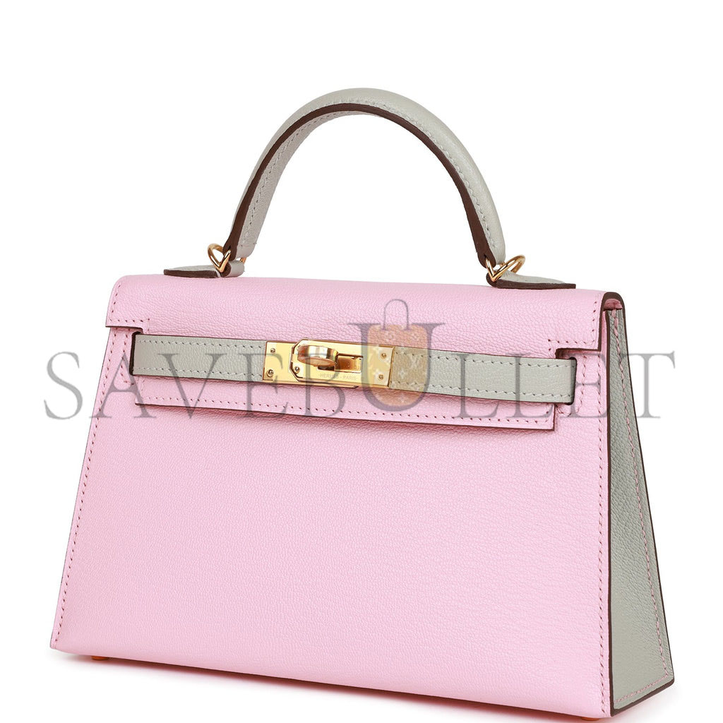 HERMES SPECIAL ORDER (HSS) KELLY SELLIER 20 ROSE SAKURA AND GRIS PERLE CHEVRE GOLD HARDWARE  (19*12*5.5cm)